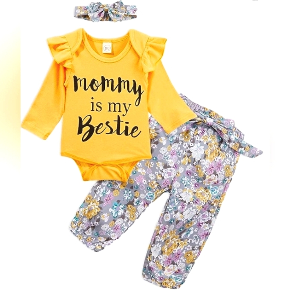 NWT☆Adorable Girls "Mommy is my Bestie" 3 pc Bodysuit Pants Headband Set